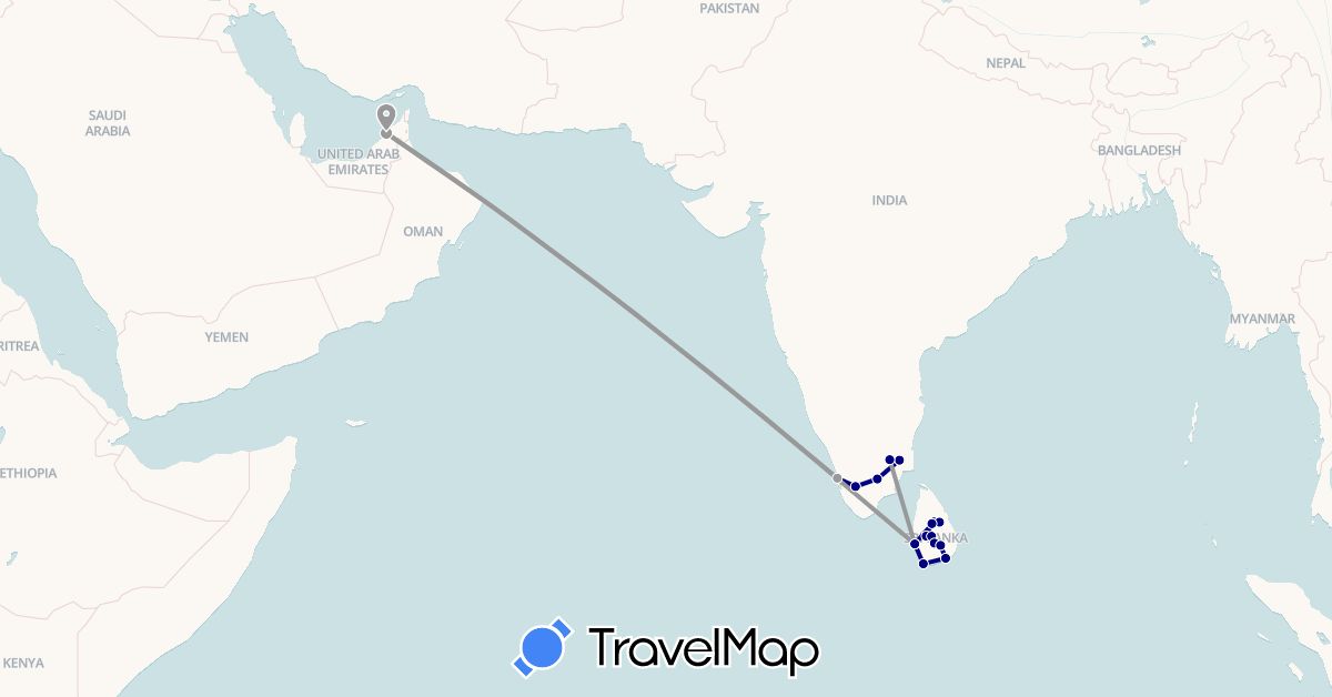 TravelMap itinerary: driving, plane in United Arab Emirates, India, Sri Lanka (Asia)